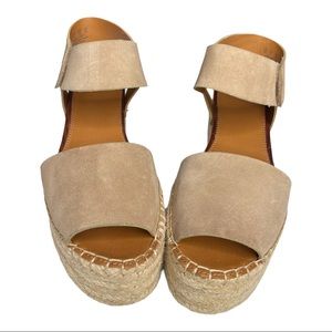 Franco Sarto Oak Platform Wedge Espadrille Womens Size 9 Suede Open Toe Beige